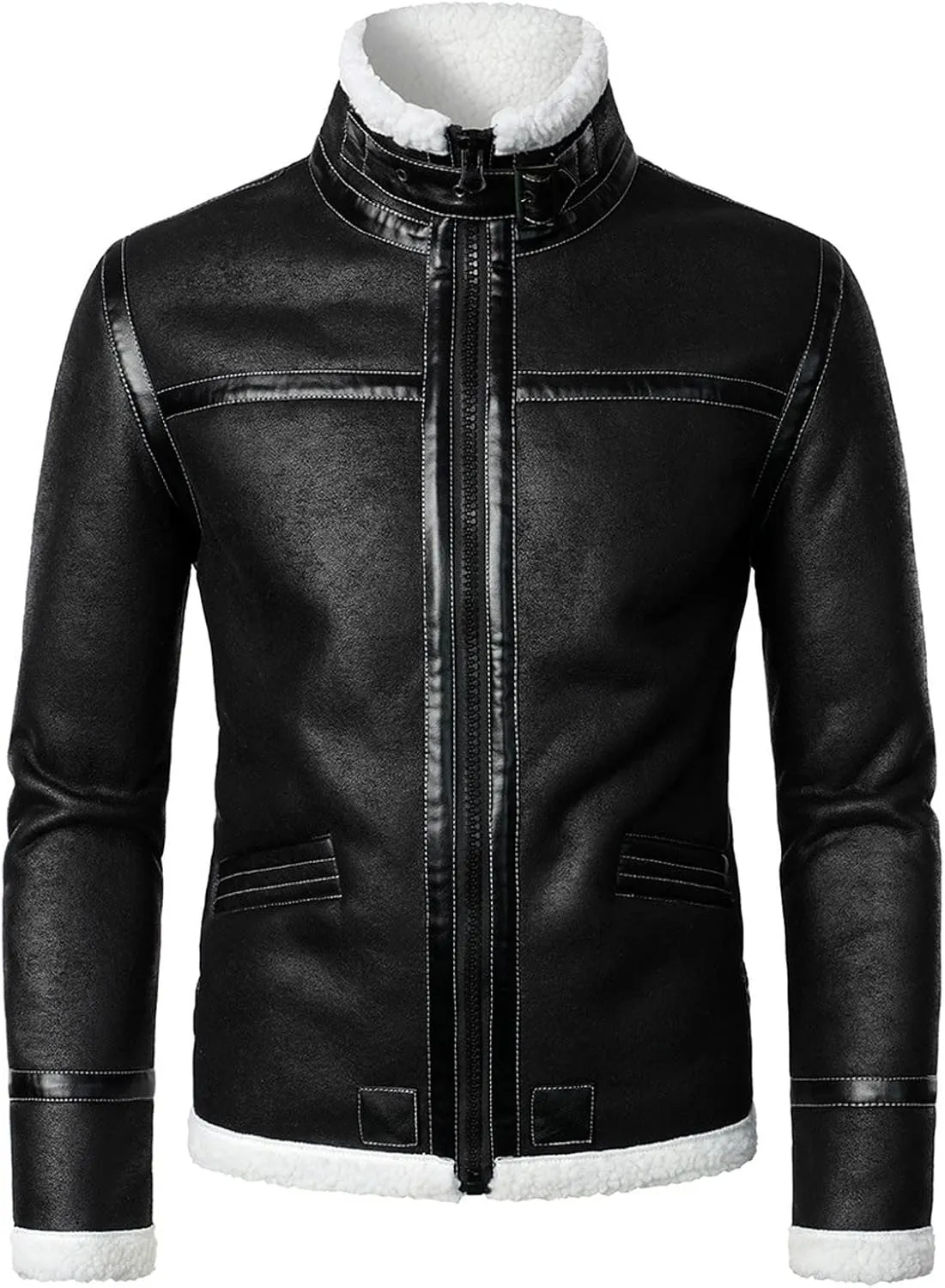 QWENTMTNTY Mens Fashion Faux Leather Jacket Sherpa Lined Winter Biker Motorcycle Jackets Patchwork Shearling Biker Coats