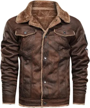 Sherpa Bomber Jacket Men Vintage Faux Fur Motorcycle Biker Jacket Suede Leather Sherpa Lining Trucker Winter Coat