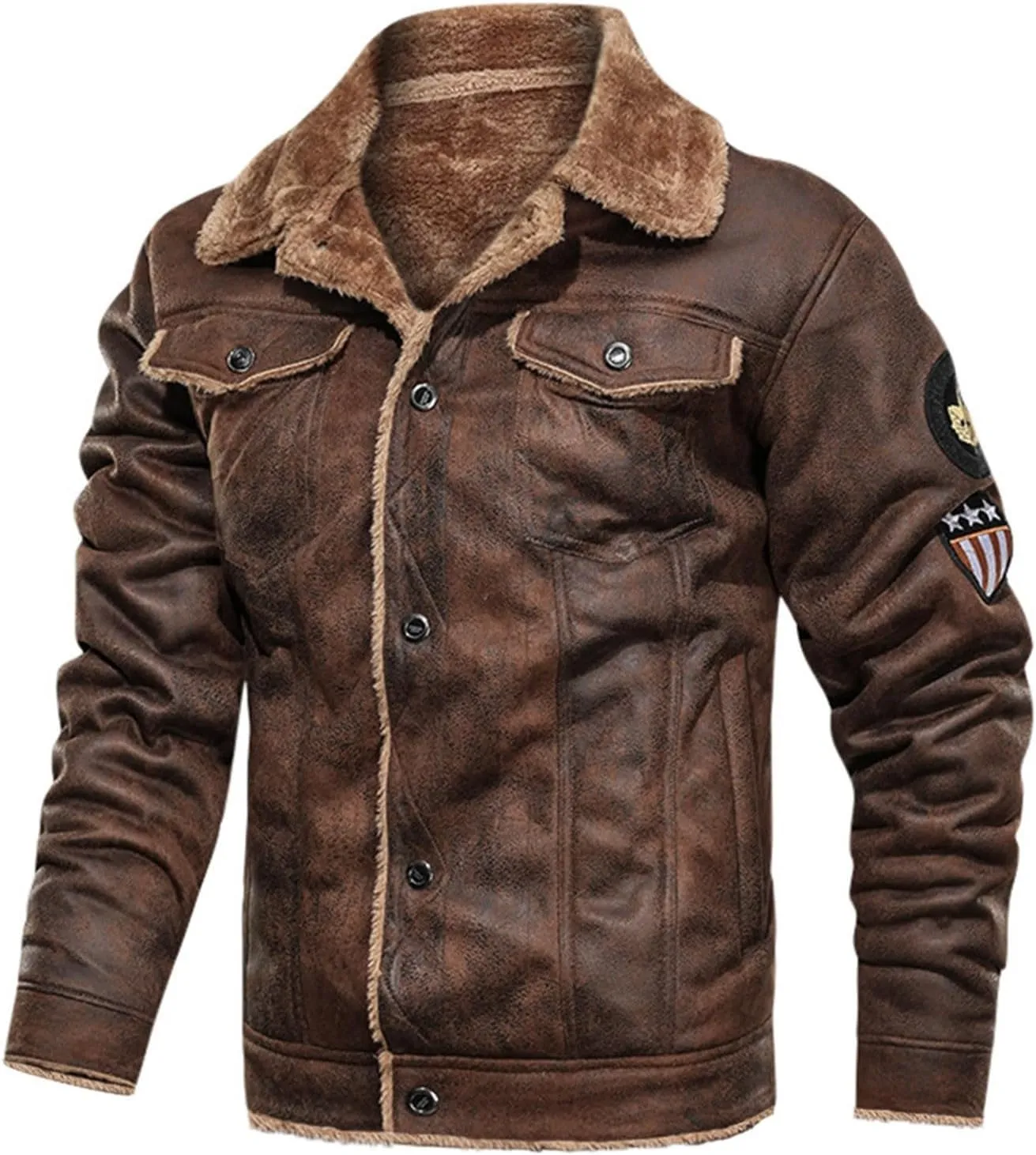 Sherpa Bomber Jacket Men Vintage Faux Fur Motorcycle Biker Jacket Suede Leather Sherpa Lining Trucker Winter Coat