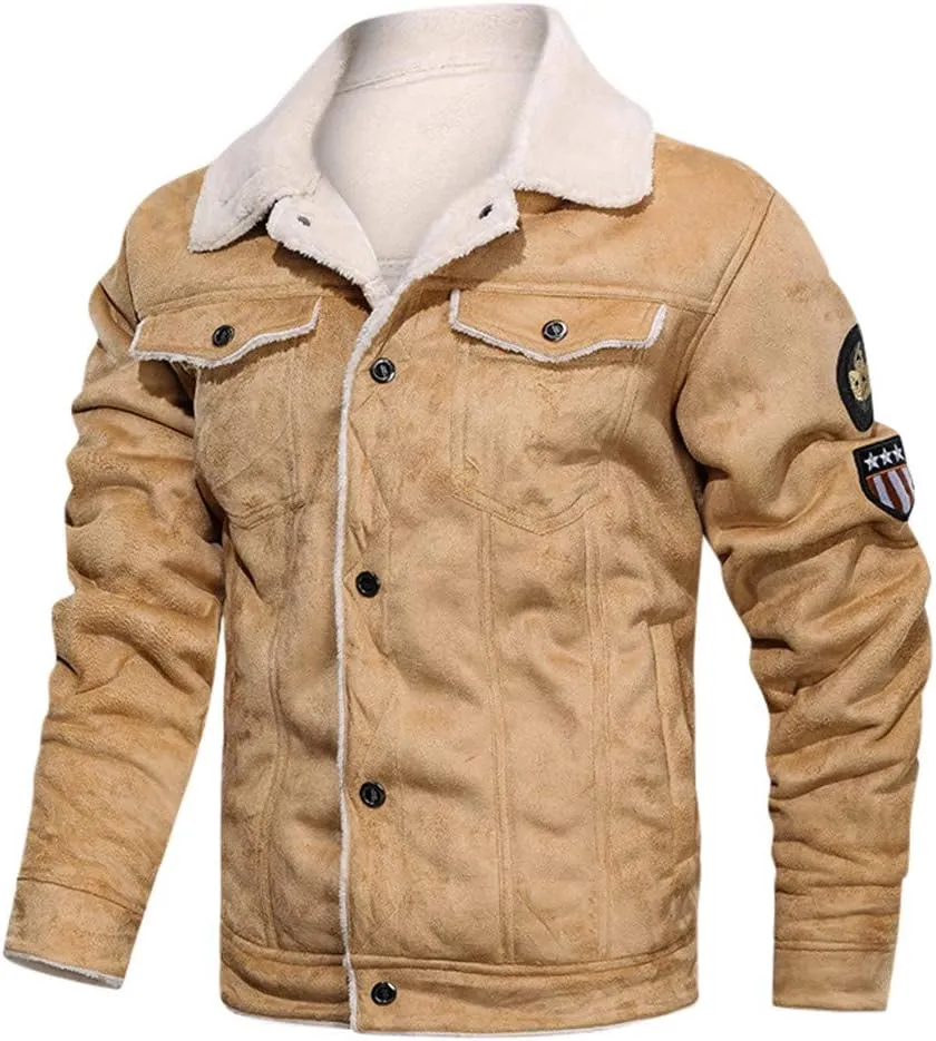 Sherpa Bomber Jacket Men Vintage Faux Fur Motorcycle Biker Jacket Suede Leather Sherpa Lining Trucker Winter Coat