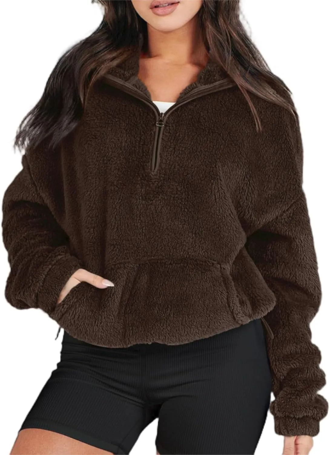 Sherpa Half Zip Pullover Women Fleece Cropped Sweatshirt Fall Fashion 2024 Stand Collar Pullover Sweater with Pocket