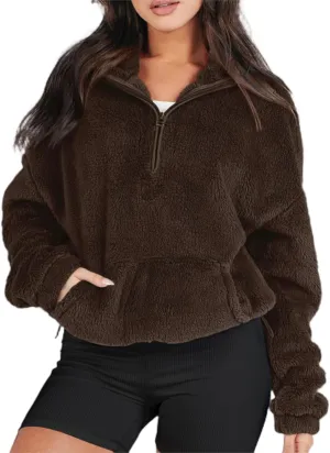 Sherpa Half Zip Pullover Women Fleece Cropped Sweatshirt Fall Fashion 2024 Stand Collar Pullover Sweater with Pocket