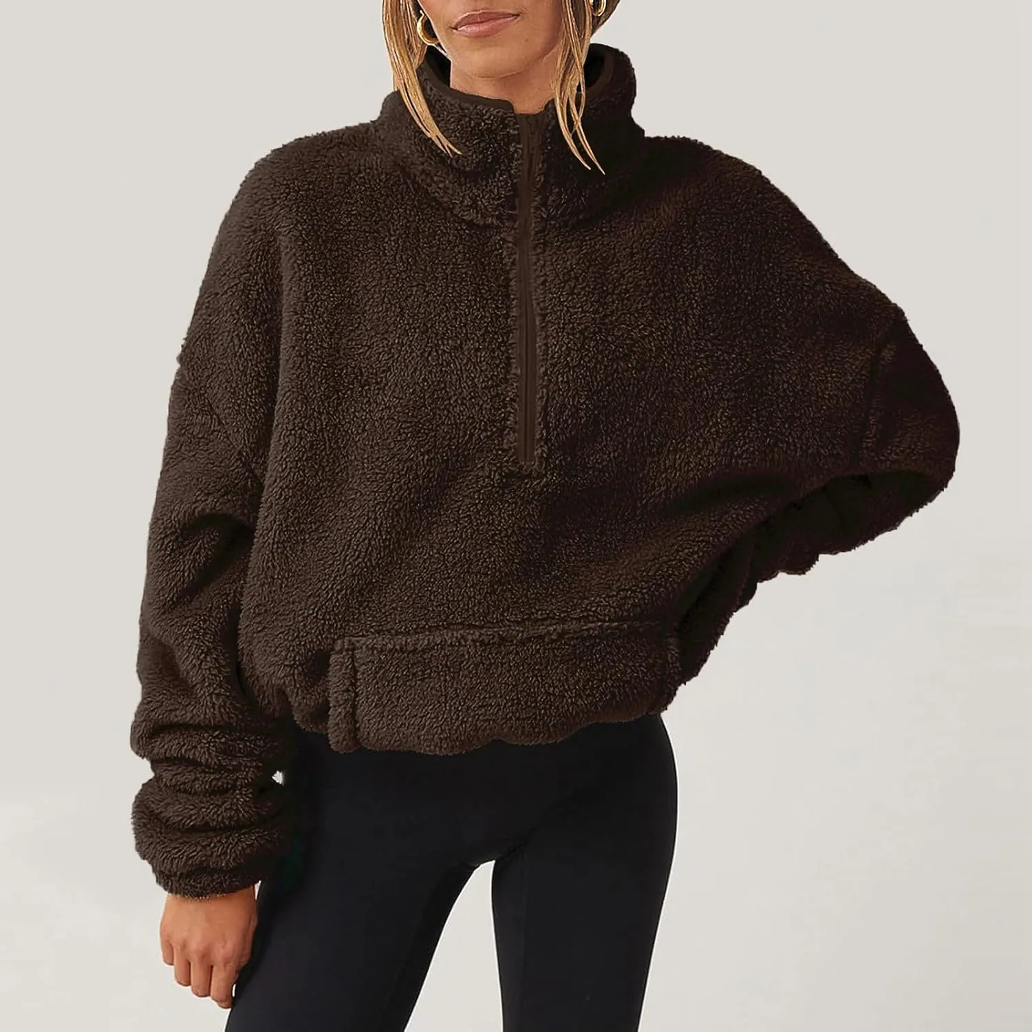 Sherpa Half Zip Pullover Women Fleece Cropped Sweatshirt Fall Fashion 2024 Stand Collar Pullover Sweater with Pocket