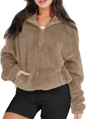 Sherpa Half Zip Pullover Women Fleece Cropped Sweatshirt Fall Fashion 2024 Stand Collar Pullover Sweater with Pocket