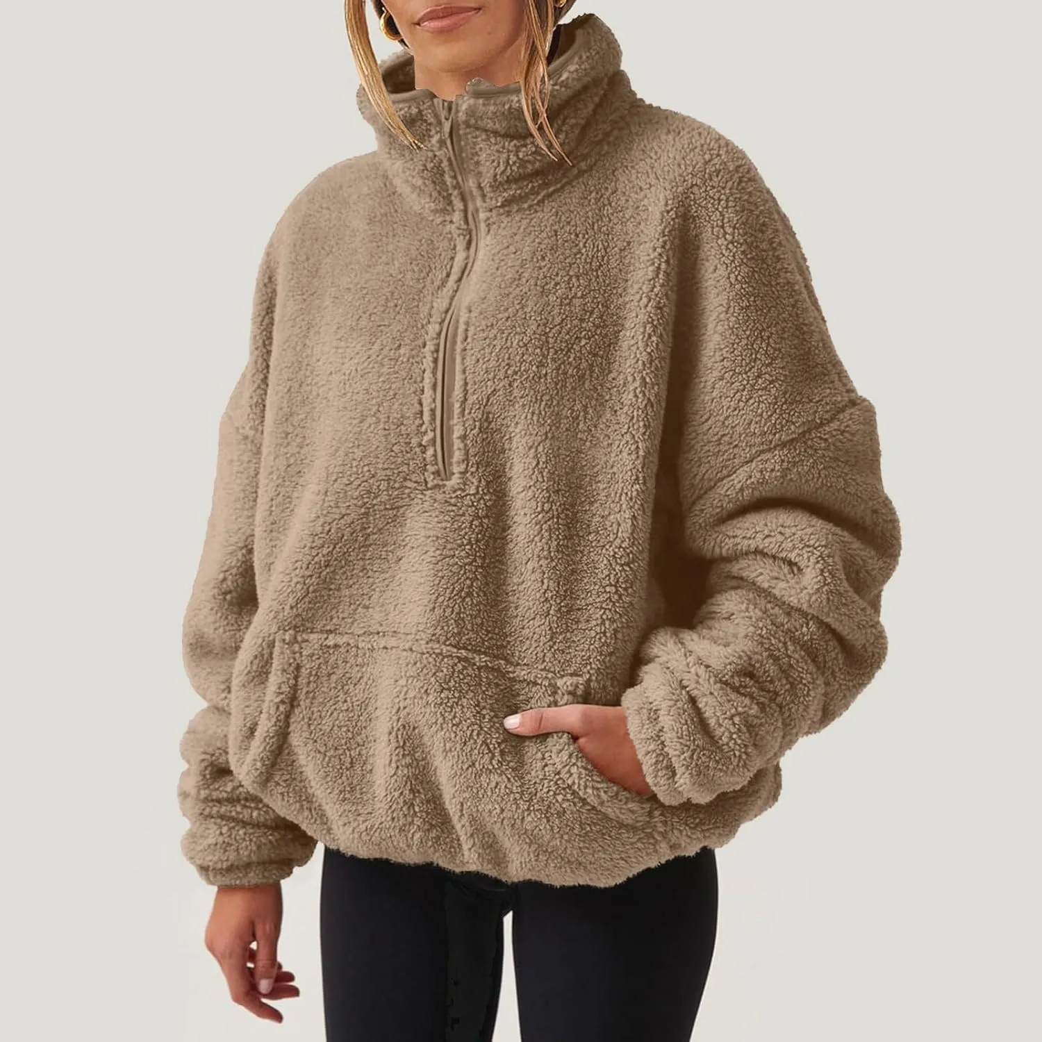 Sherpa Half Zip Pullover Women Fleece Cropped Sweatshirt Fall Fashion 2024 Stand Collar Pullover Sweater with Pocket