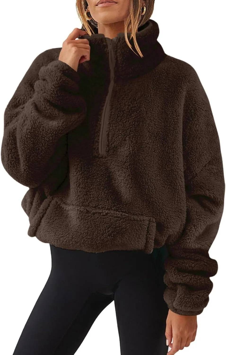 Sherpa Half Zip Pullover Women Fleece Cropped Sweatshirt Fall Fashion 2024 Stand Collar Pullover Sweater with Pocket