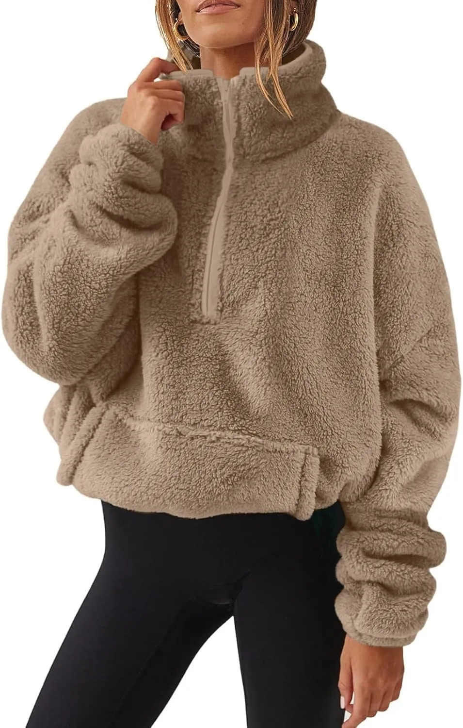 Sherpa Half Zip Pullover Women Fleece Cropped Sweatshirt Fall Fashion 2024 Stand Collar Pullover Sweater with Pocket