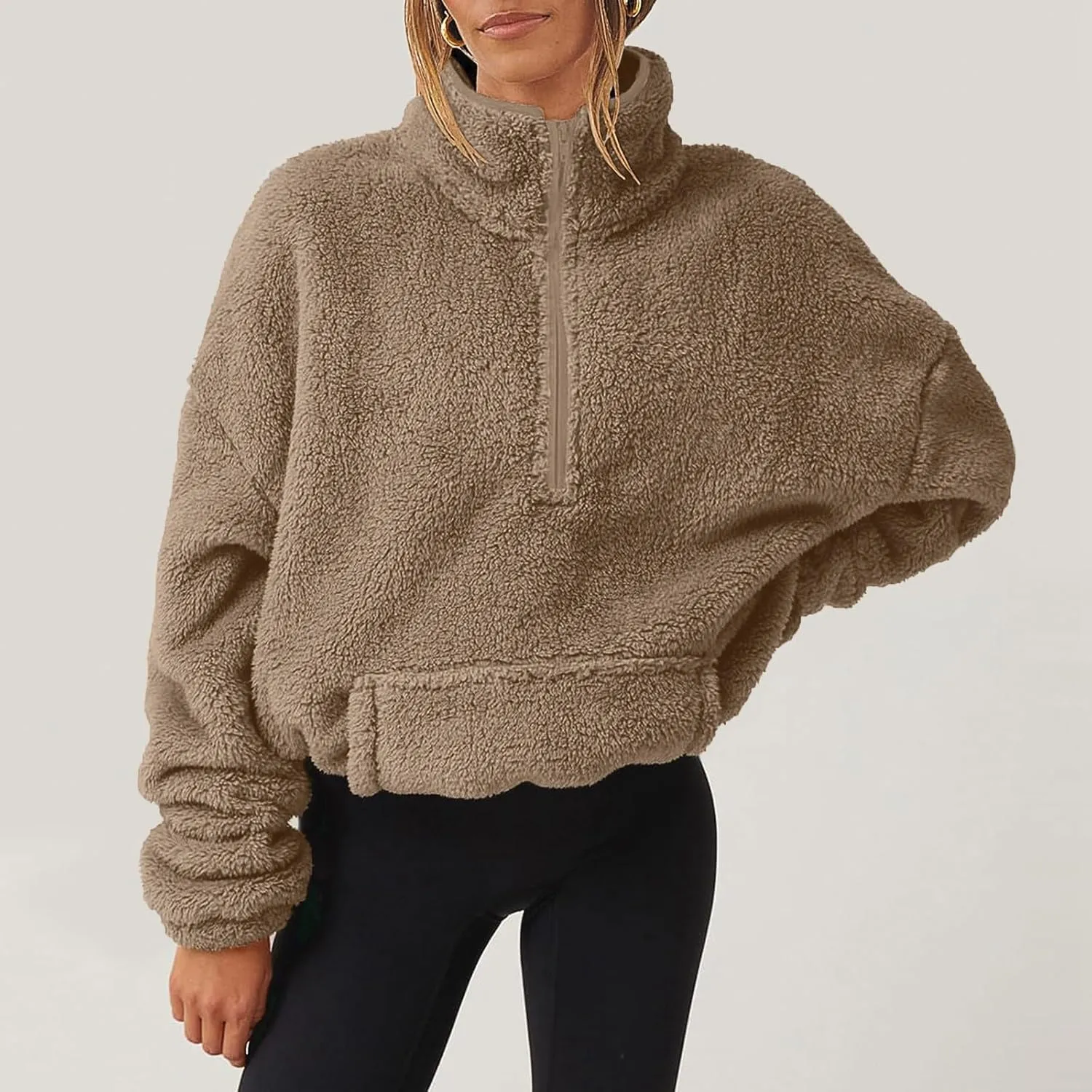 Sherpa Half Zip Pullover Women Fleece Cropped Sweatshirt Fall Fashion 2024 Stand Collar Pullover Sweater with Pocket