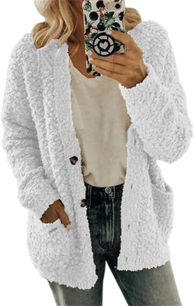 Sherpa Jacket Women Fuzzy Fleece Oversized Open Front Cardigan Long Sleeve Button Coat Casual Fall Winter Outerwear