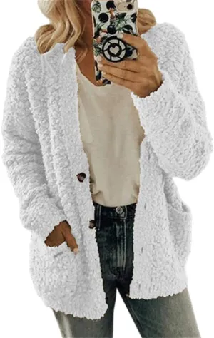 Sherpa Jacket Women Fuzzy Fleece Oversized Open Front Cardigan Long Sleeve Button Coat Casual Fall Winter Outerwear