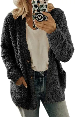 Sherpa Jacket Women Fuzzy Fleece Oversized Open Front Cardigan Long Sleeve Button Coat Casual Fall Winter Outerwear