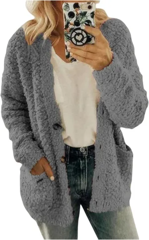 Sherpa Jacket Women Fuzzy Fleece Oversized Open Front Cardigan Long Sleeve Button Coat Casual Fall Winter Outerwear