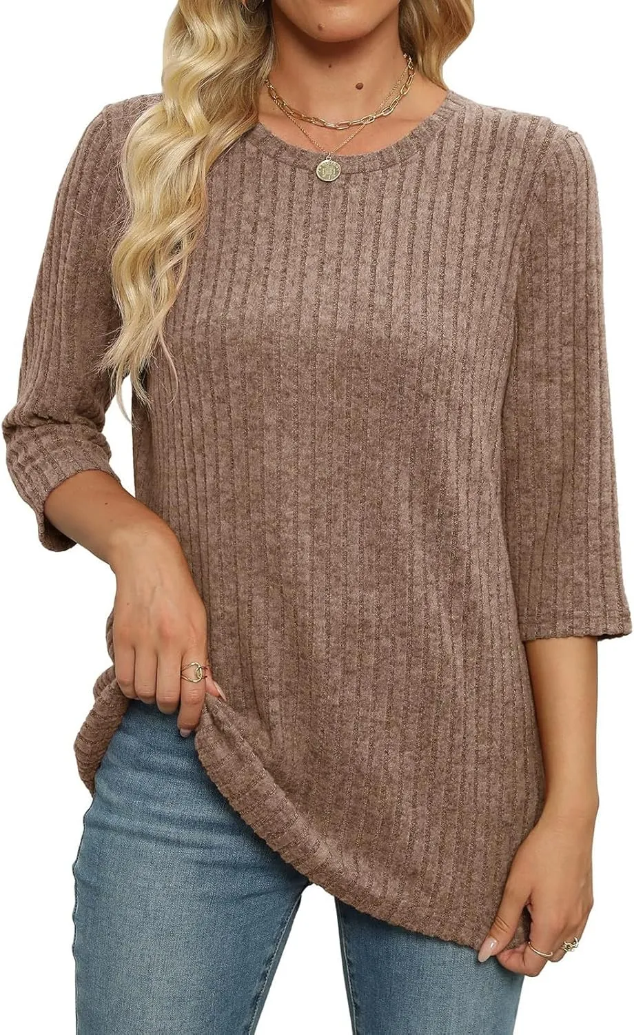 Shirts for Women 3/4 Sleeve Winter Ribbed Knit Shirts Trendy Over Sized Sweaters Pullover Sweatshirts Plus Size