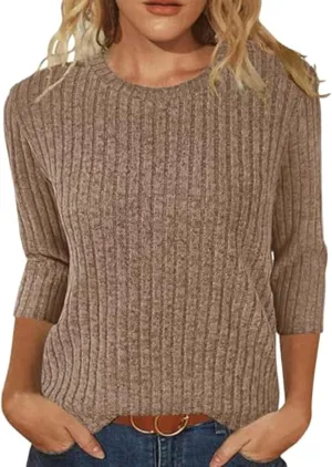 Shirts for Women 3/4 Sleeve Winter Ribbed Knit Shirts Trendy Over Sized Sweaters Pullover Sweatshirts Plus Size