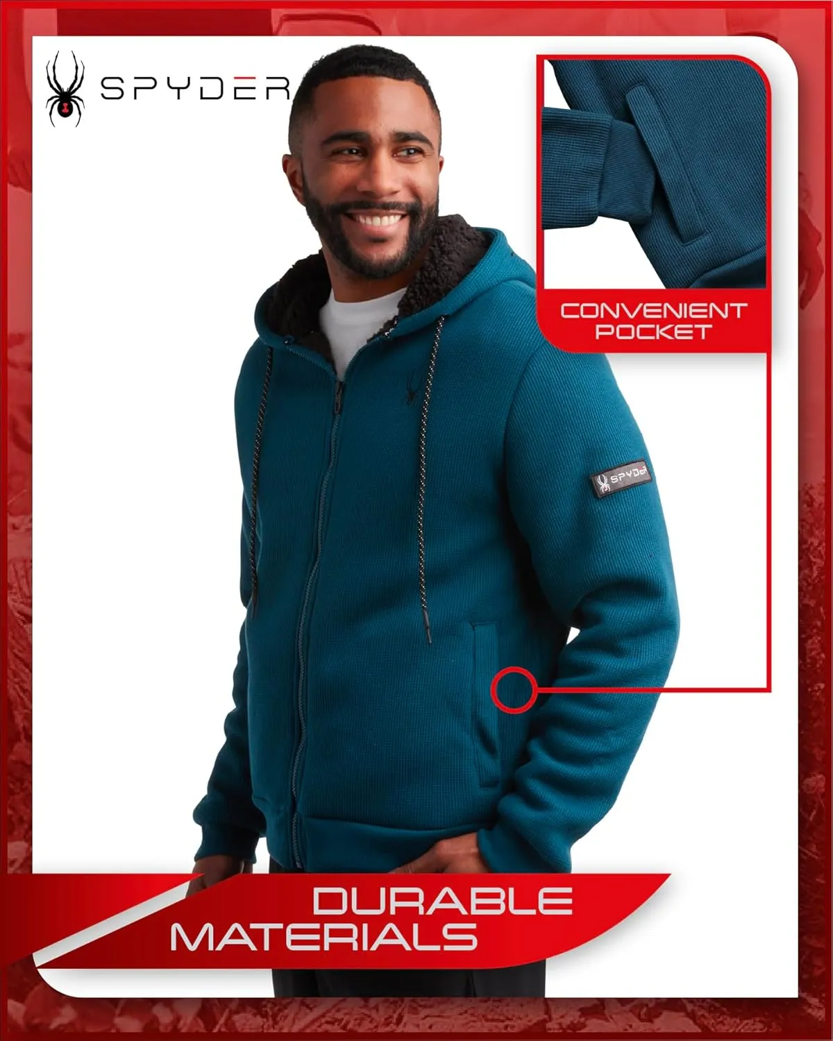 Spyder Men's Full Zip Cozy Sherpa Lined Waffle Knit Hoodie - Lightweight Comfort Jacket S-XXL