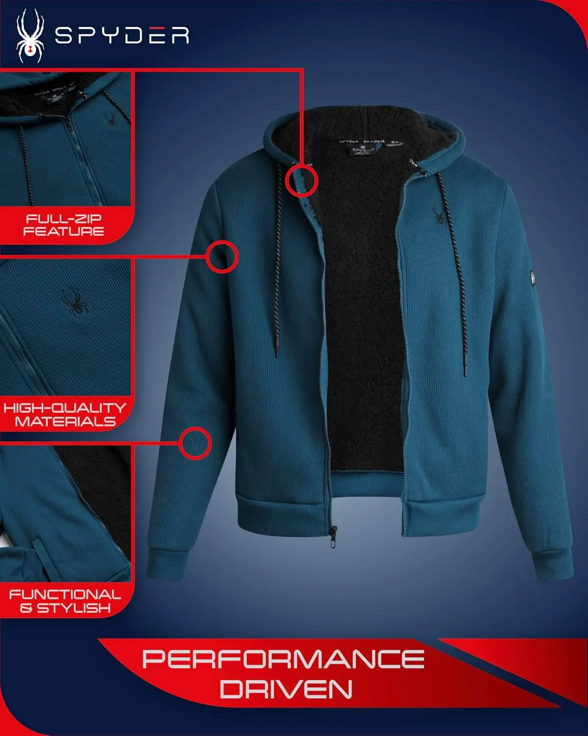 Spyder Men's Full Zip Cozy Sherpa Lined Waffle Knit Hoodie - Lightweight Comfort Jacket S-XXL