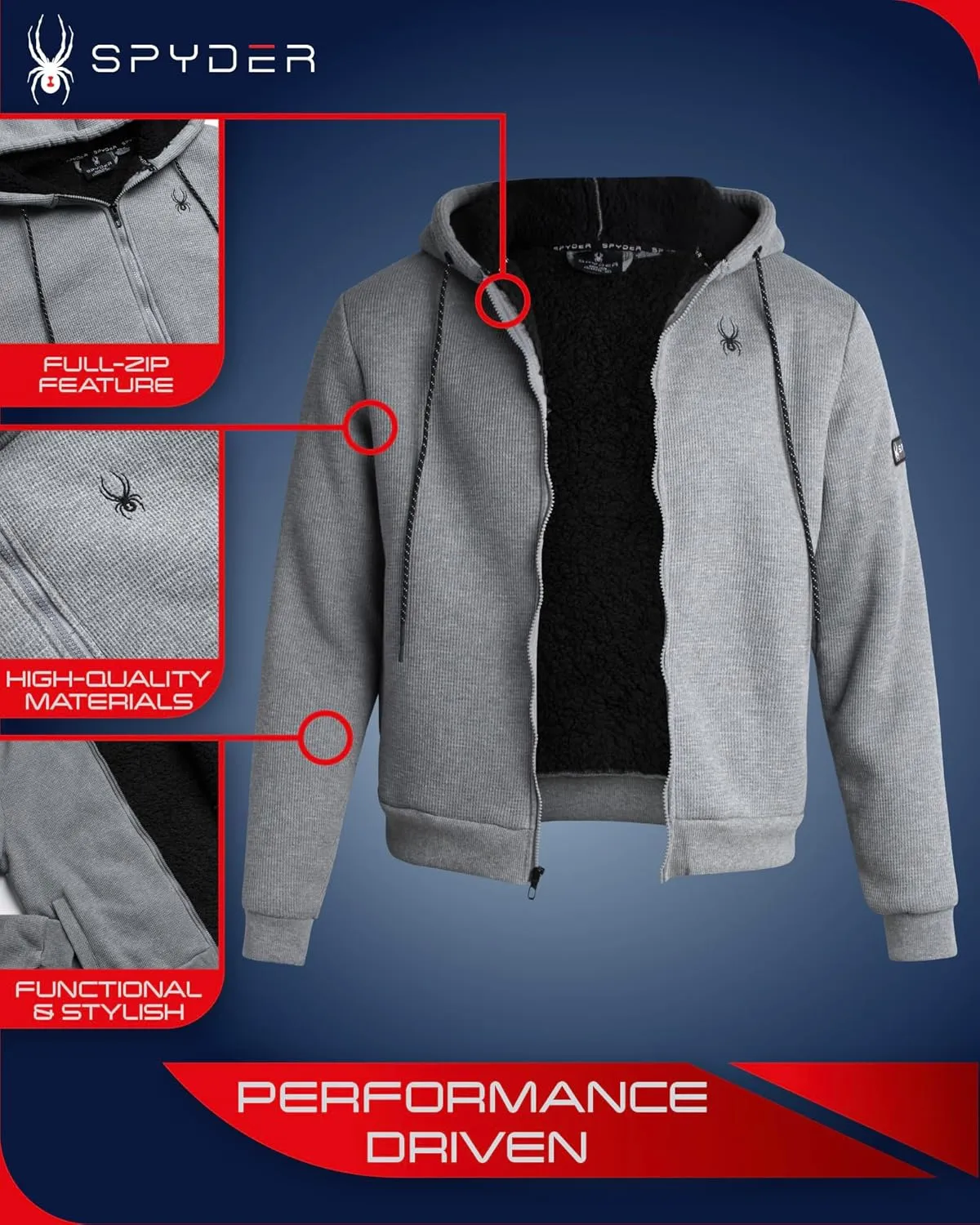 Spyder Men's Full Zip Cozy Sherpa Lined Waffle Knit Hoodie - Lightweight Comfort Jacket S-XXL