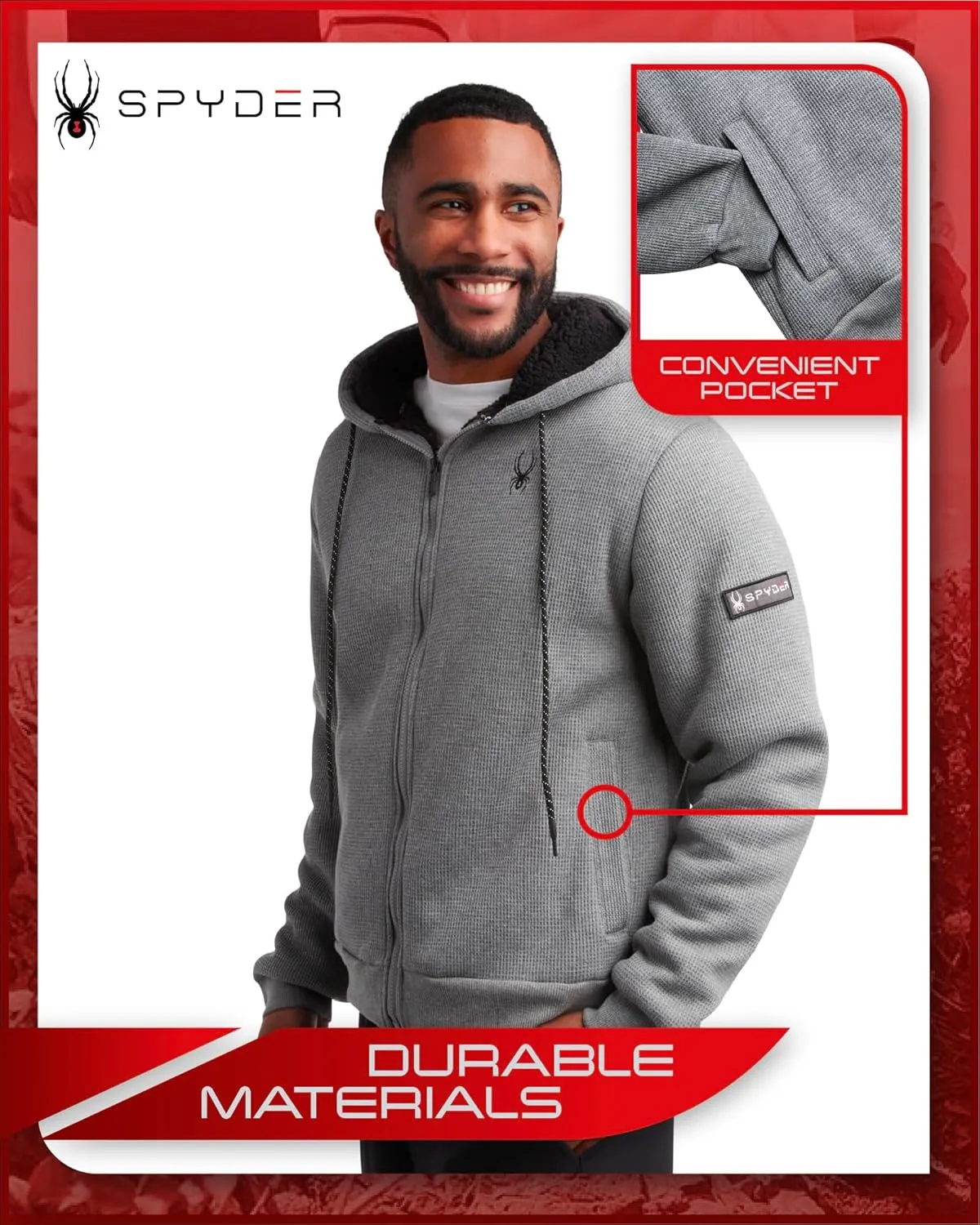 Spyder Men's Full Zip Cozy Sherpa Lined Waffle Knit Hoodie - Lightweight Comfort Jacket S-XXL