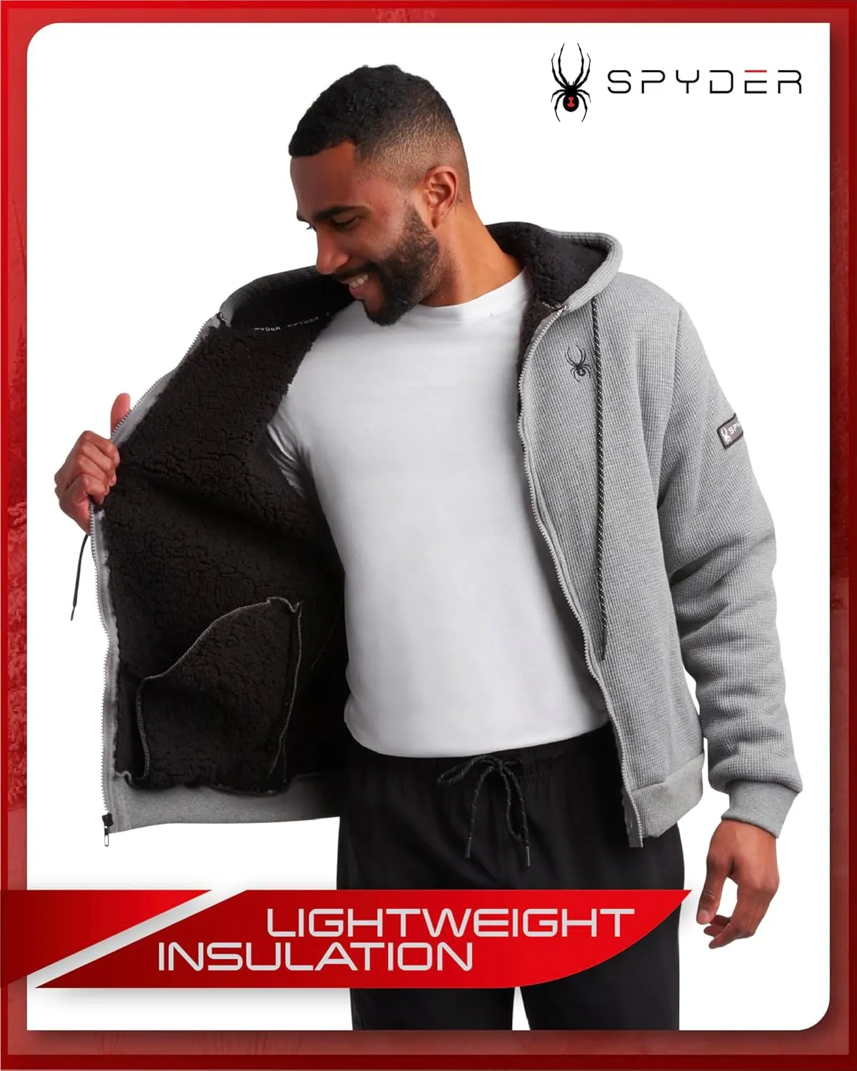 Spyder Men's Full Zip Cozy Sherpa Lined Waffle Knit Hoodie - Lightweight Comfort Jacket S-XXL