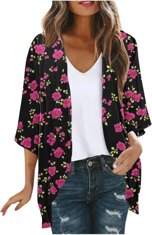 Summer Cardigans for Women Lightweight Beach Cover Ups Loose Floral 3/4 Sleeve Boho Kimono Vacation Outfits