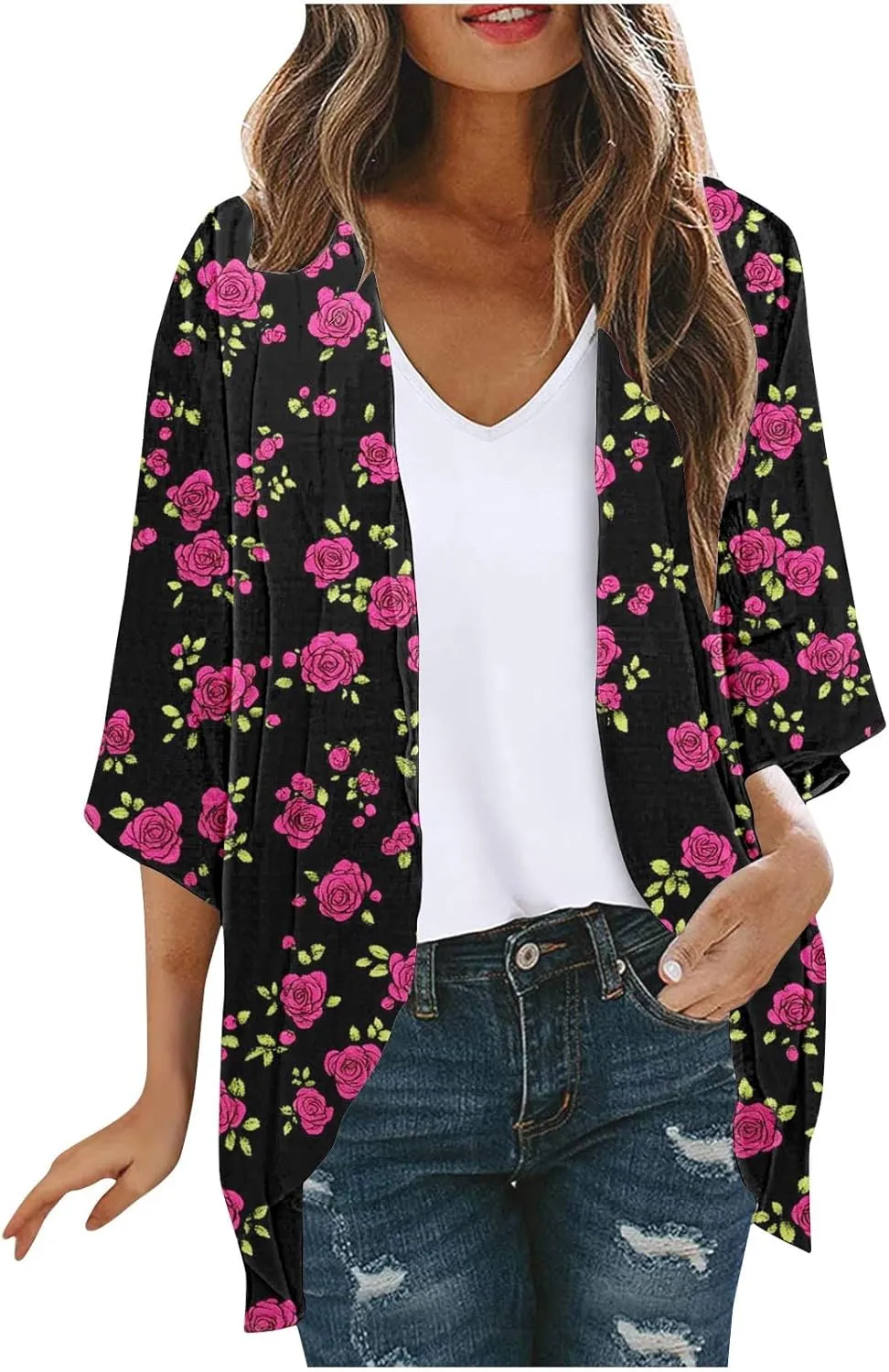 Summer Cardigans for Women Lightweight Beach Cover Ups Loose Floral 3/4 Sleeve Boho Kimono Vacation Outfits