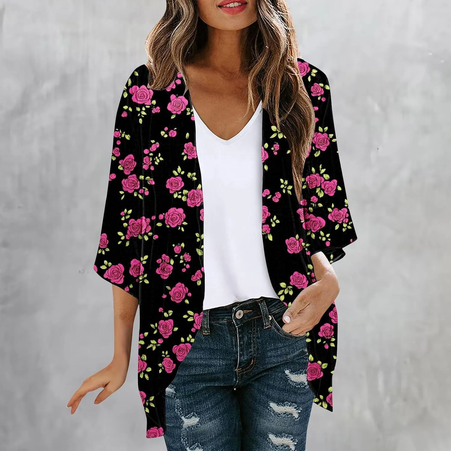 Summer Cardigans for Women Lightweight Beach Cover Ups Loose Floral 3/4 Sleeve Boho Kimono Vacation Outfits