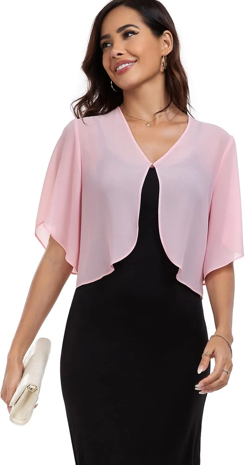 SURVODJA Womens Chiffon Cropped Cardigans Lightweight Sweaters Short Sleeve Bolero Shrugs for Dress