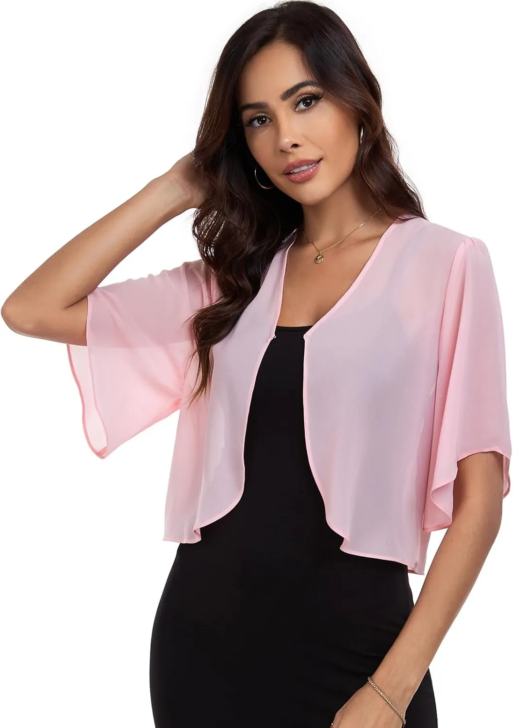 SURVODJA Womens Chiffon Cropped Cardigans Lightweight Sweaters Short Sleeve Bolero Shrugs for Dress