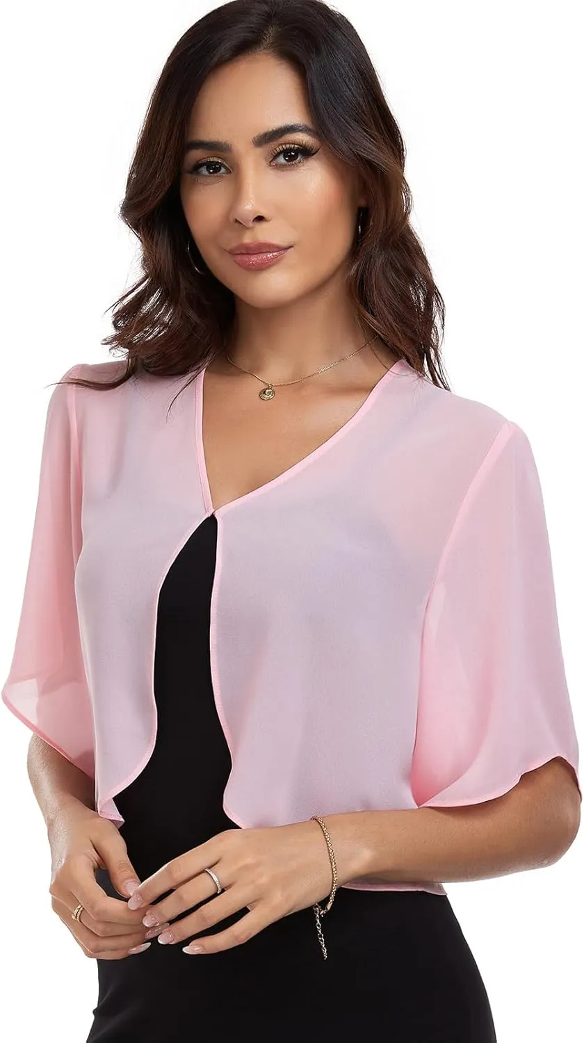 SURVODJA Womens Chiffon Cropped Cardigans Lightweight Sweaters Short Sleeve Bolero Shrugs for Dress