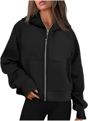 Sweatshirt For Women,Full Zip Up Cropped Hoodies With Pockets Zipper Fleece Jackets Casual Soft Oversized Sweatshirt
