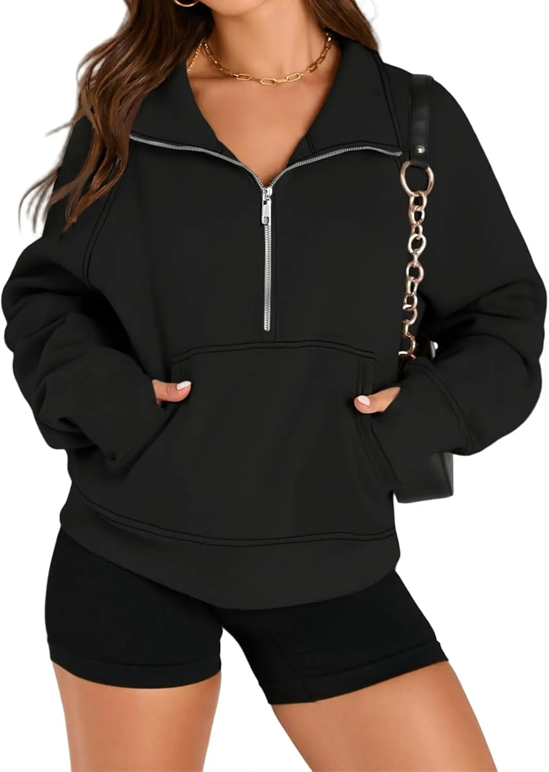 Sweatshirts for Women Half Zip Cropped Pullover Long Sleeve Stand Neck Tops Casual Fleece Sweatshirt Thumb Hole