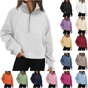 Sweatshirts for Women Half Zip Cropped Pullover Long Sleeve Stand Neck Tops Casual Fleece Sweatshirt Thumb Hole