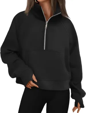 Sweatshirts for Women Half Zip Cropped Pullover Long Sleeve Stand Neck Tops Casual Fleece Sweatshirt Thumb Hole