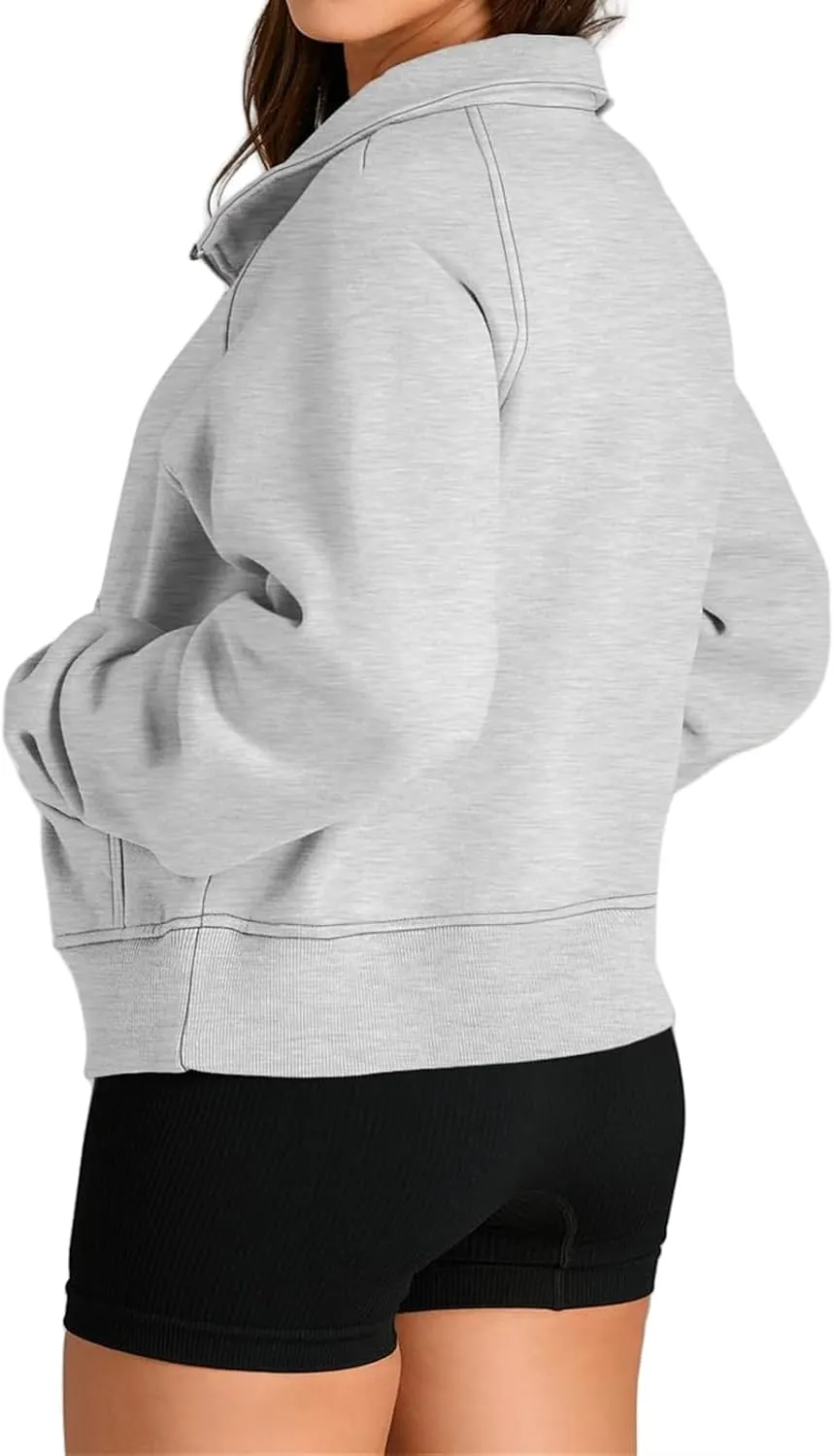 Sweatshirts for Women Half Zip Cropped Pullover Long Sleeve Stand Neck Tops Casual Fleece Sweatshirt Thumb Hole