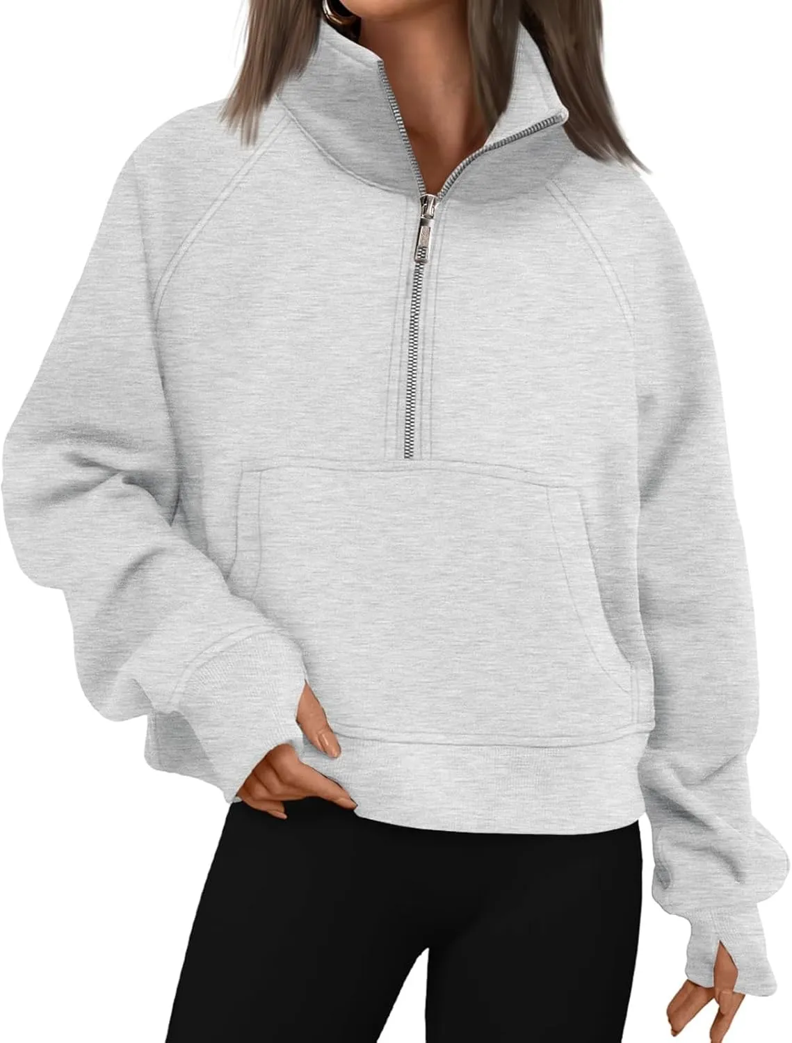 Sweatshirts for Women Half Zip Cropped Pullover Long Sleeve Stand Neck Tops Casual Fleece Sweatshirt Thumb Hole