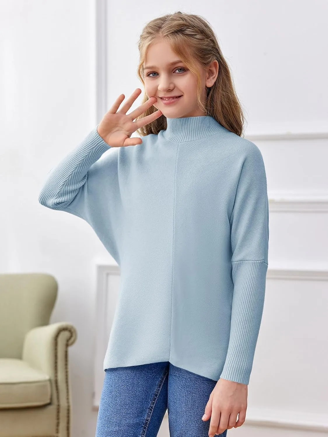SySea Girls Pullover Sweaters Oversized Long Sleeve Turtleneck Knit Sweater Casual School Tops for 5-14 Years