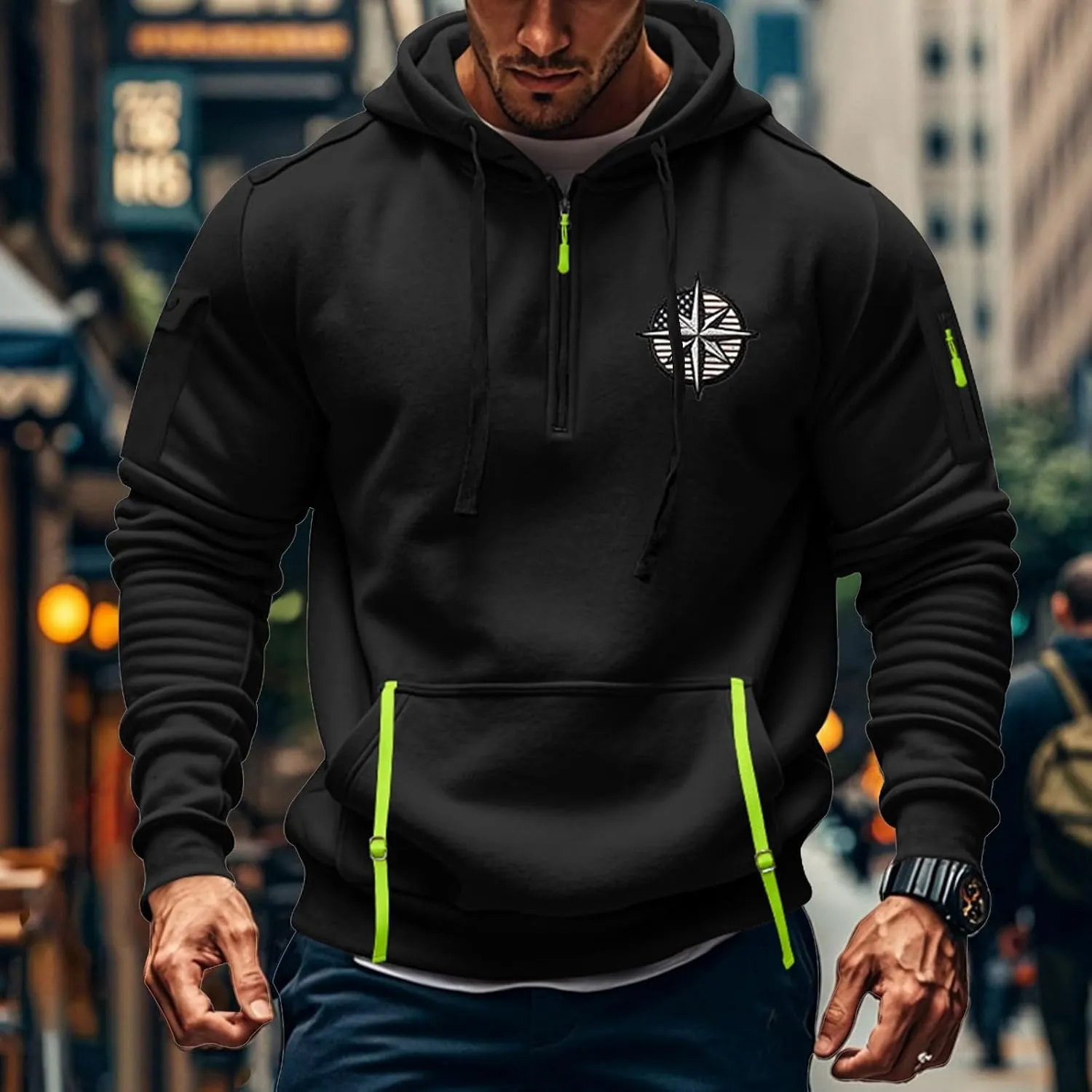 Tactical Hoodies Long Sleeve Drawstring Hoodies Vintage 1/4 Zip Pullover Mens Military Tactical Sweatshirt With Pockets