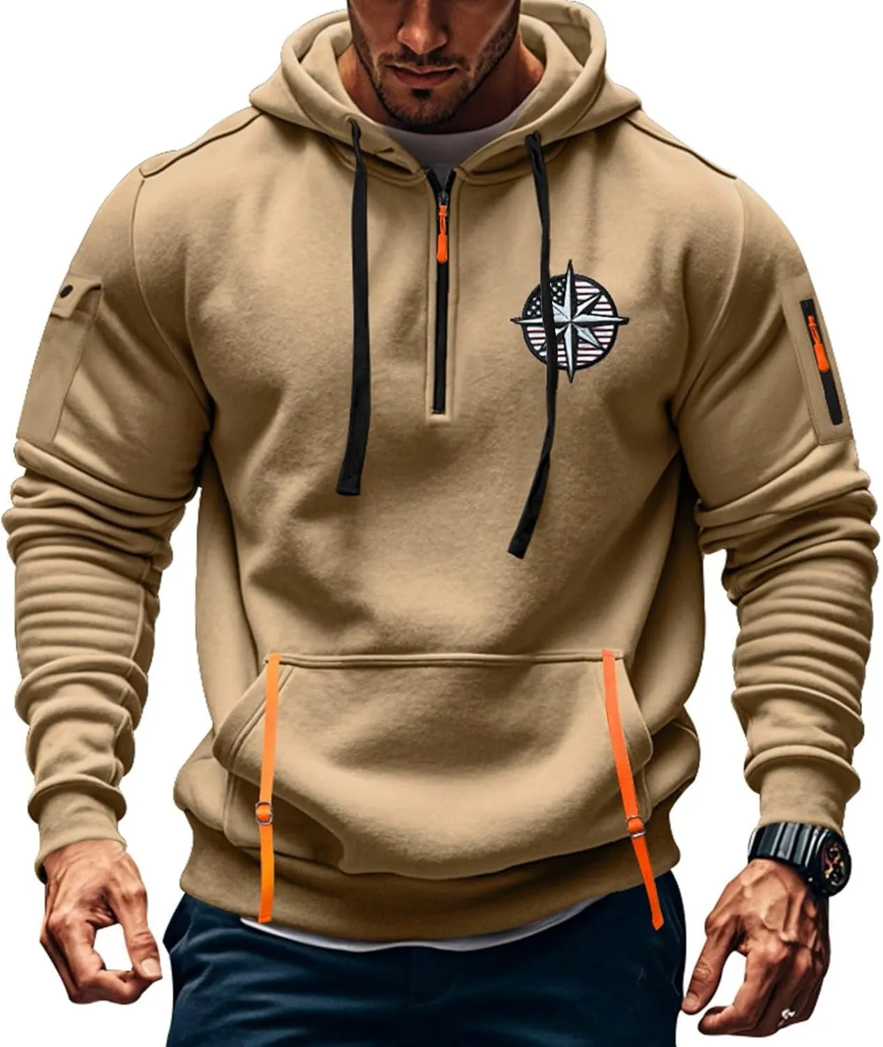 Tactical Hoodies Long Sleeve Drawstring Hoodies Vintage 1/4 Zip Pullover Mens Military Tactical Sweatshirt With Pockets