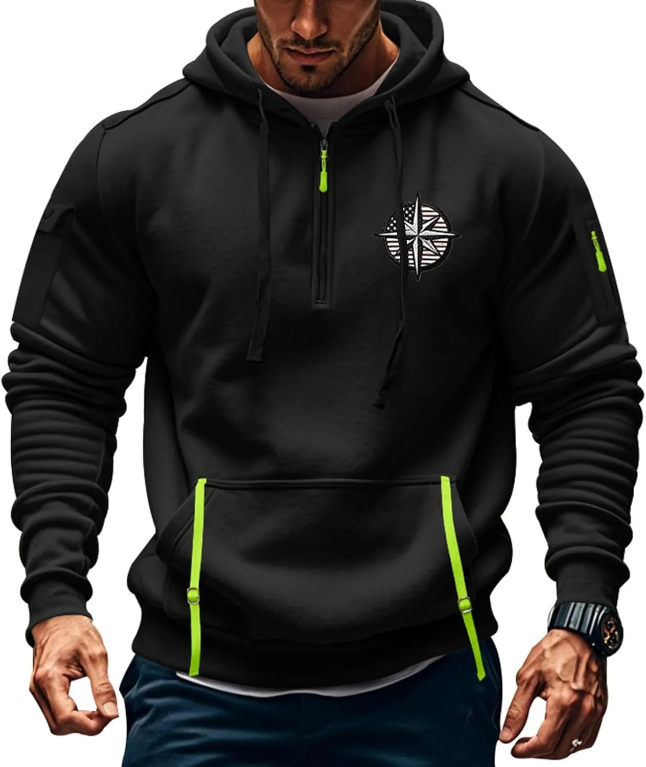 Tactical Hoodies Long Sleeve Drawstring Hoodies Vintage 1/4 Zip Pullover Mens Military Tactical Sweatshirt With Pockets