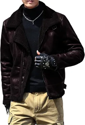 Thatrich Mens Moto Jackets Fleece Lined Faux Leather Jacket Lapel Sherpa Shirt Jacket Warm Winter Coats Slim Overcoat Outwear