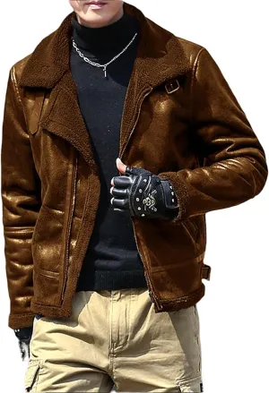 Thatrich Mens Moto Jackets Fleece Lined Faux Leather Jacket Lapel Sherpa Shirt Jacket Warm Winter Coats Slim Overcoat Outwear