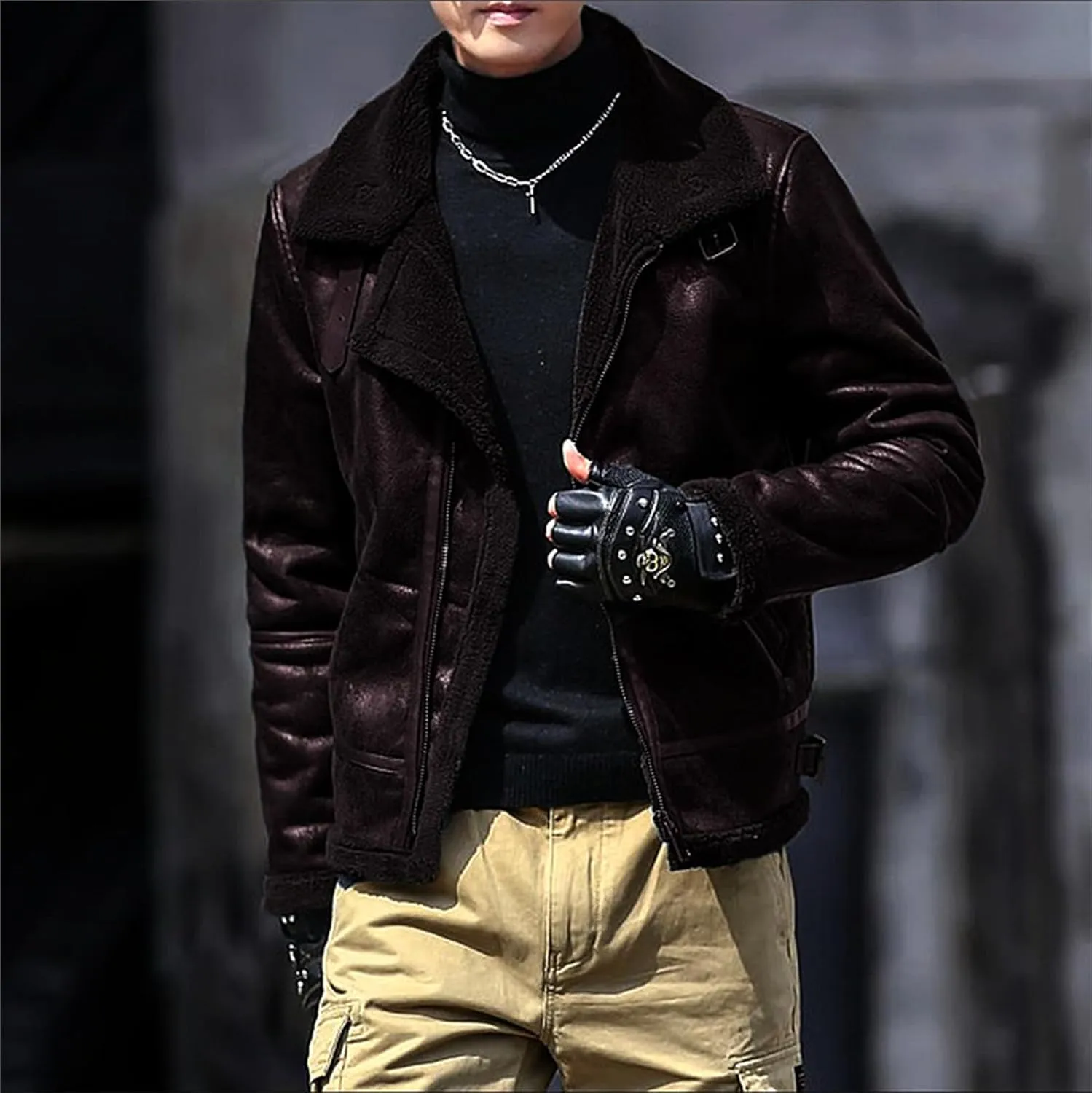 Thatrich Mens Moto Jackets Fleece Lined Faux Leather Jacket Lapel Sherpa Shirt Jacket Warm Winter Coats Slim Overcoat Outwear