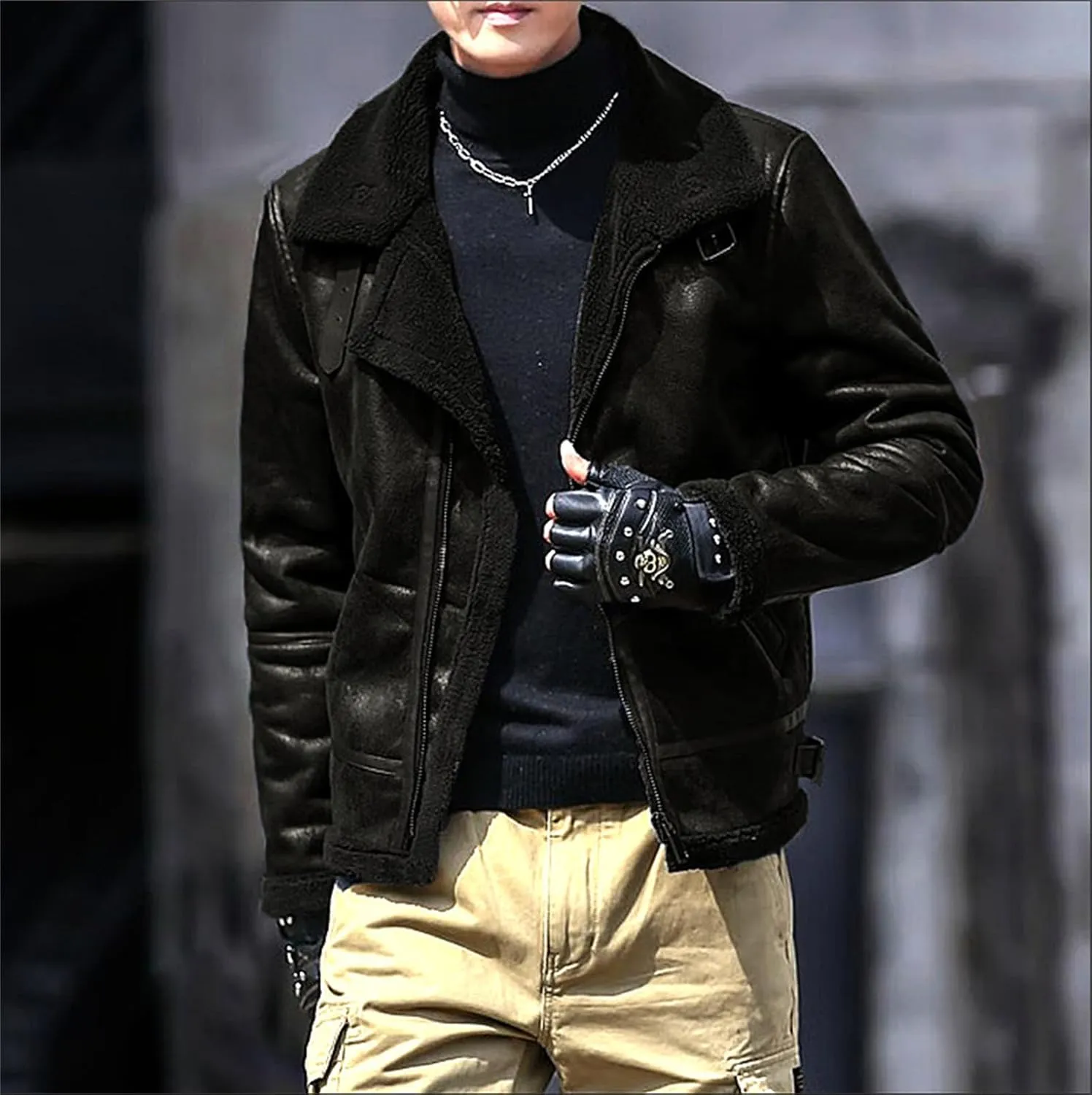 Thatrich Mens Moto Jackets Fleece Lined Faux Leather Jacket Lapel Sherpa Shirt Jacket Warm Winter Coats Slim Overcoat Outwear