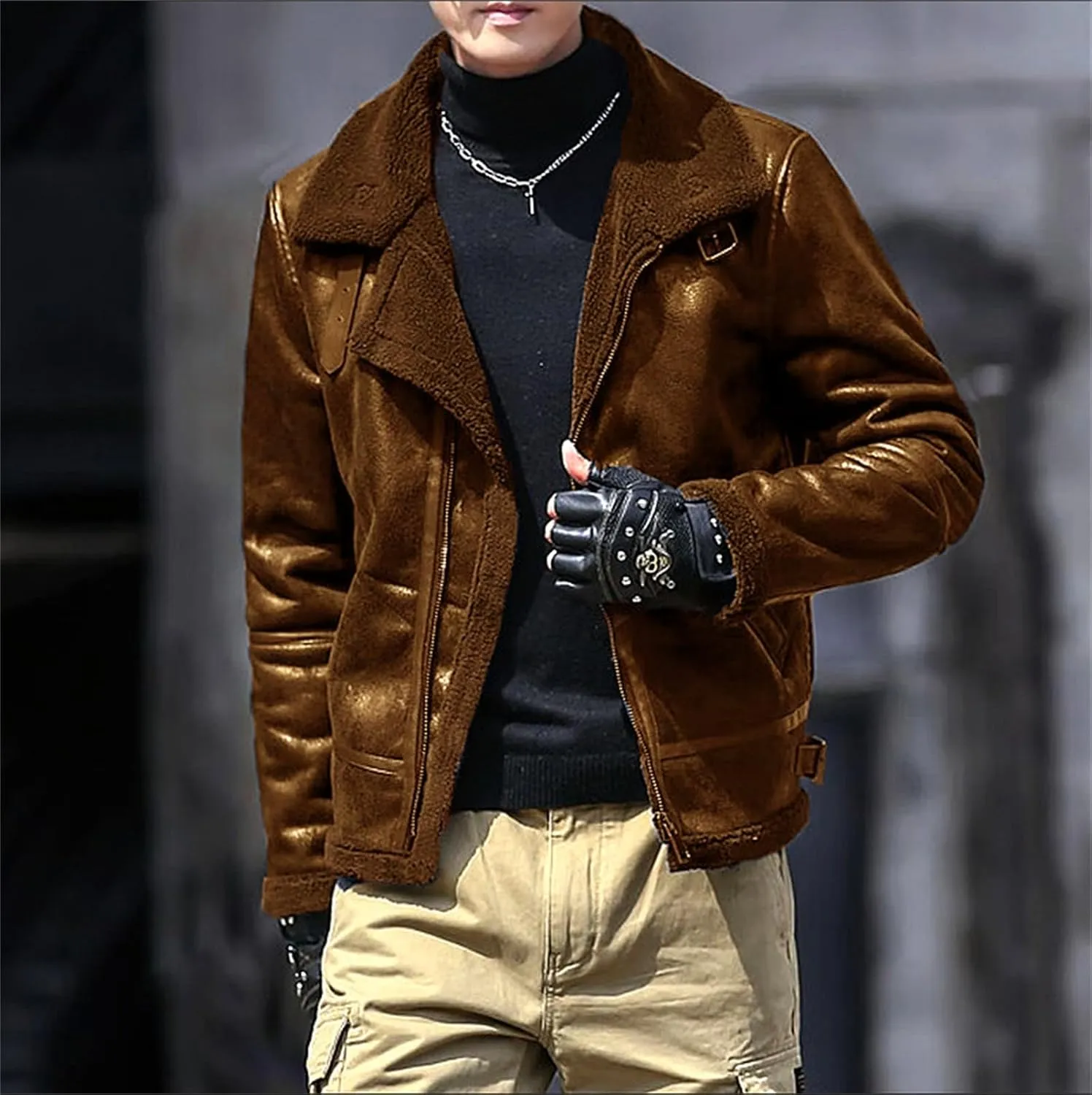 Thatrich Mens Moto Jackets Fleece Lined Faux Leather Jacket Lapel Sherpa Shirt Jacket Warm Winter Coats Slim Overcoat Outwear