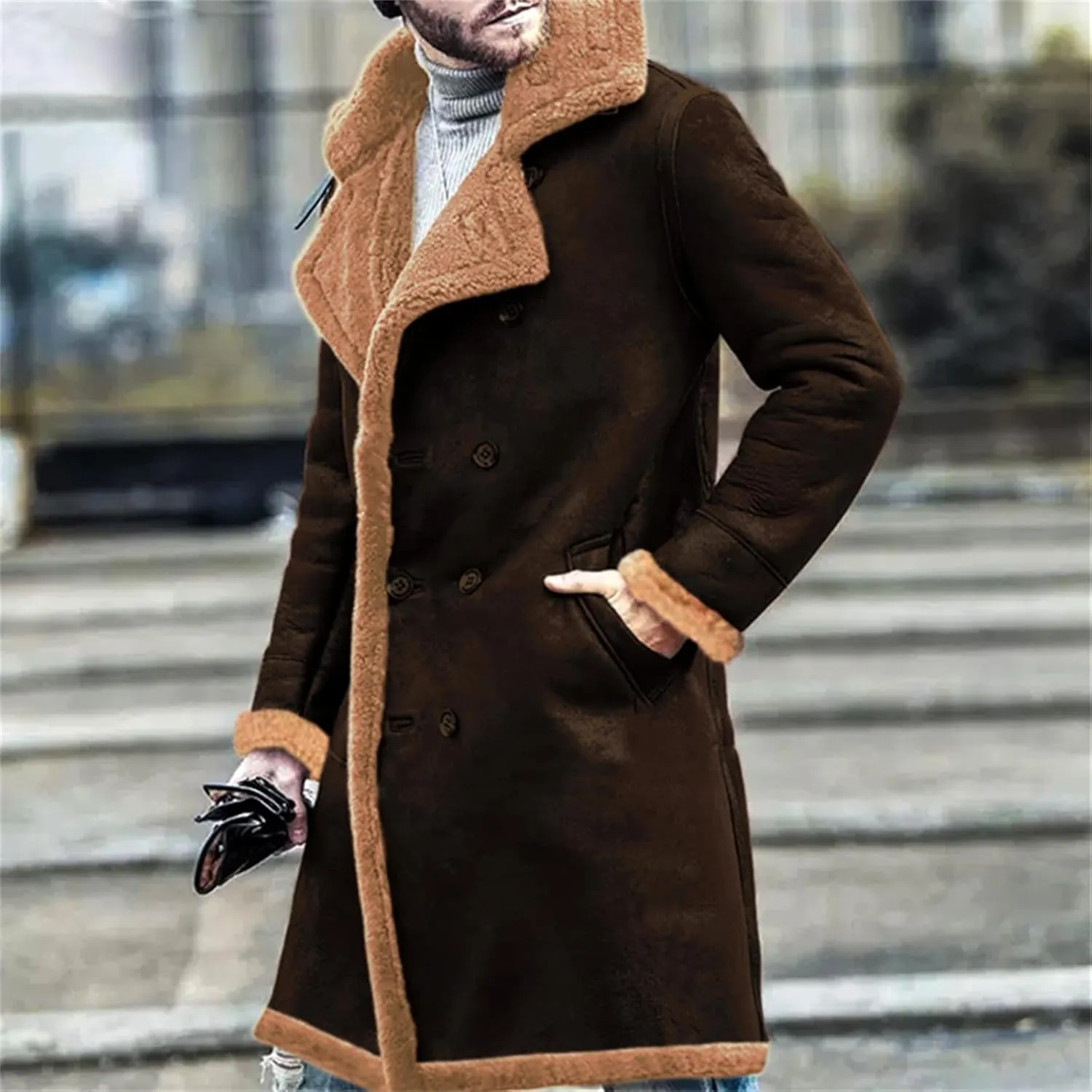 Thatrich Mens Winter Coats Long Faux Leather Trenchcoat Sherpa Lined Moto Jacket Oversized Overcoat Warm Outdoor Wear Outwear
