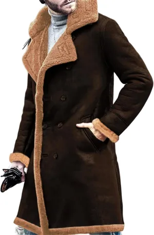 Thatrich Mens Winter Coats Long Faux Leather Trenchcoat Sherpa Lined Moto Jacket Oversized Overcoat Warm Outdoor Wear Outwear