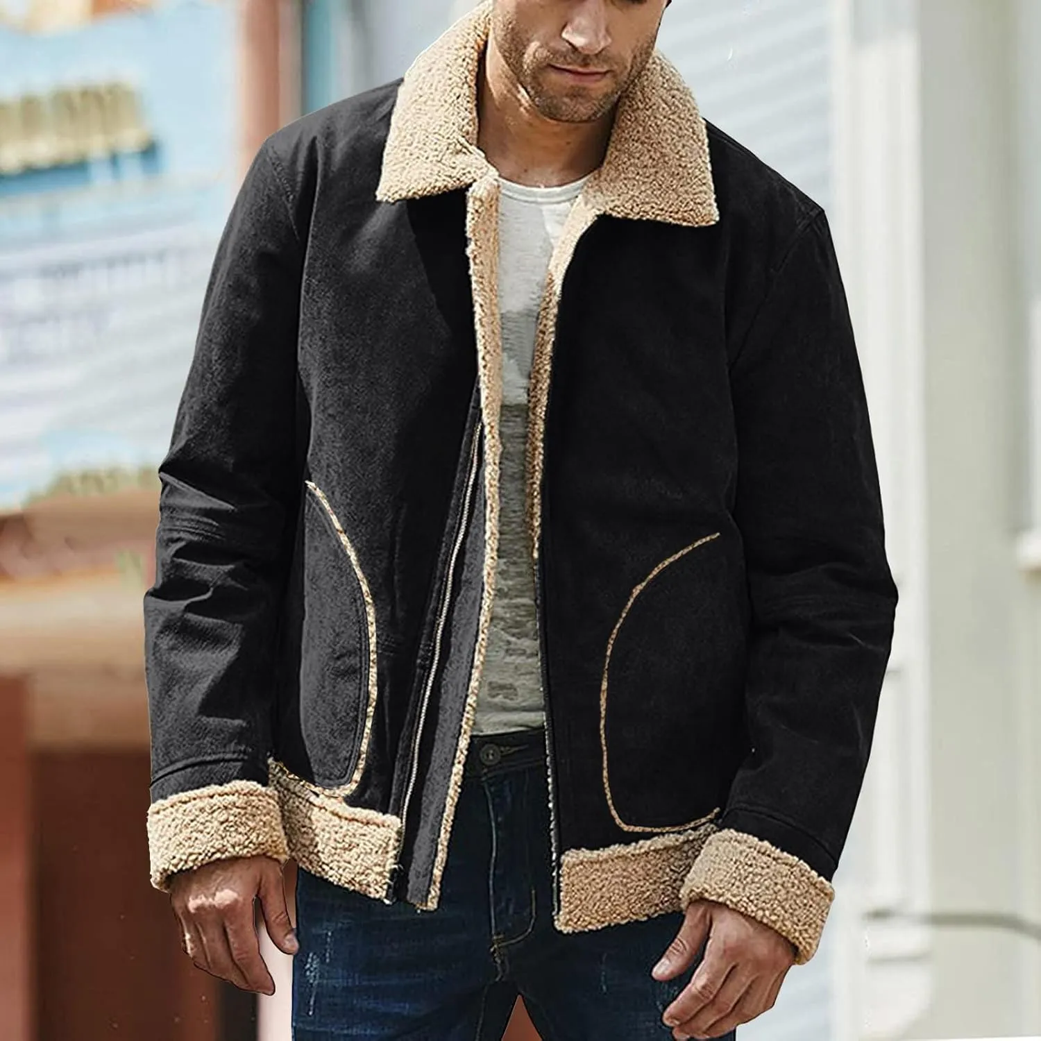Thatrich Sherpa Lined Jacket Men Faux Suede Coats Warm Fleece Jackets Cozy Thicken Outwear Winter Trendy Coat Casual Overcoat