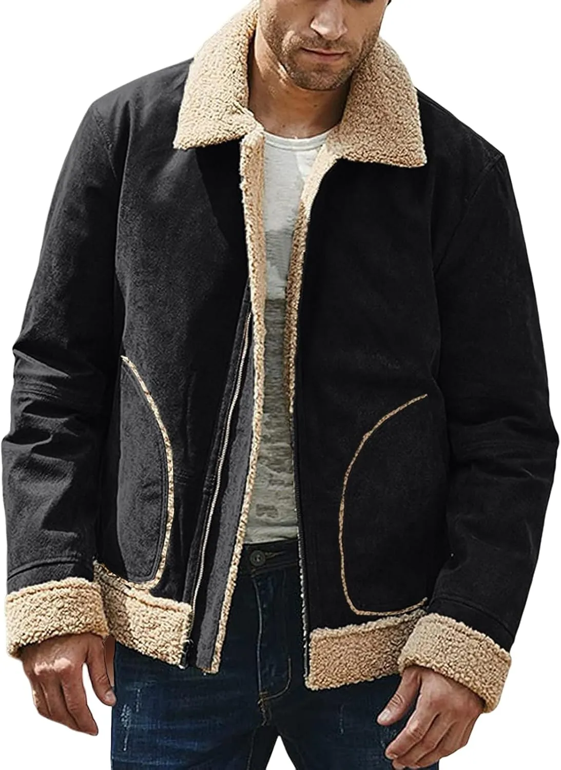 Thatrich Sherpa Lined Jacket Men Faux Suede Coats Warm Fleece Jackets Cozy Thicken Outwear Winter Trendy Coat Casual Overcoat