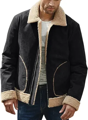 Thatrich Sherpa Lined Jacket Men Faux Suede Coats Warm Fleece Jackets Cozy Thicken Outwear Winter Trendy Coat Casual Overcoat