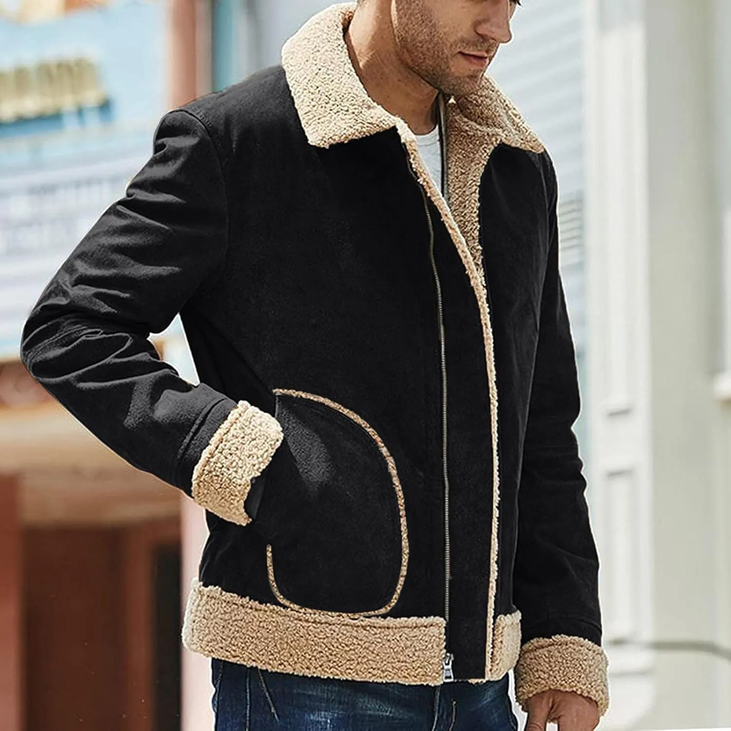 Thatrich Sherpa Lined Jacket Men Faux Suede Coats Warm Fleece Jackets Cozy Thicken Outwear Winter Trendy Coat Casual Overcoat